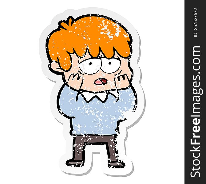 Distressed Sticker Of A Cartoon Exhausted Boy