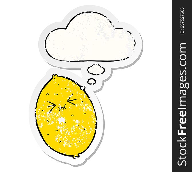 cartoon bitter lemon with thought bubble as a distressed worn sticker