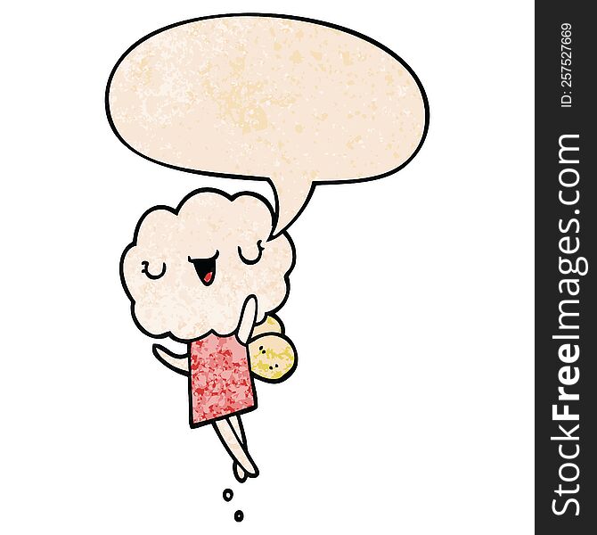cute cartoon cloud head creature with speech bubble in retro texture style