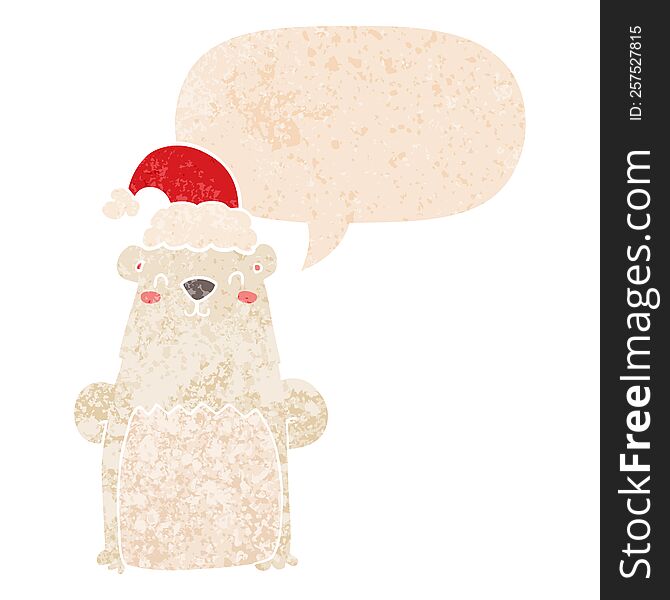 Cartoon Bear Wearing Christmas Hat And Speech Bubble In Retro Textured Style