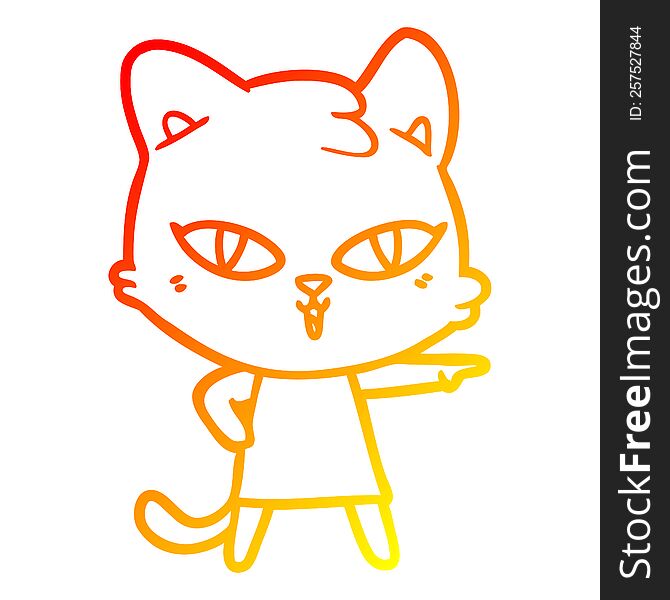 Warm Gradient Line Drawing Cartoon Cat In Dress Pointing