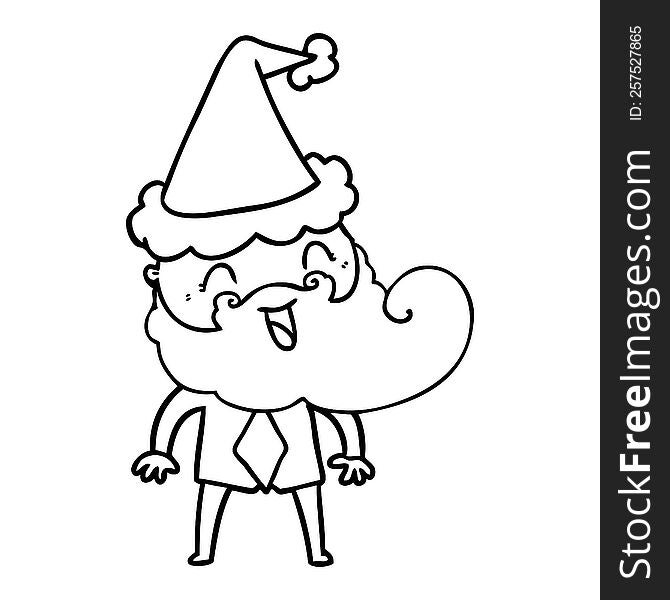 Hand drawn line drawing of a happy bearded man wearing santa hat