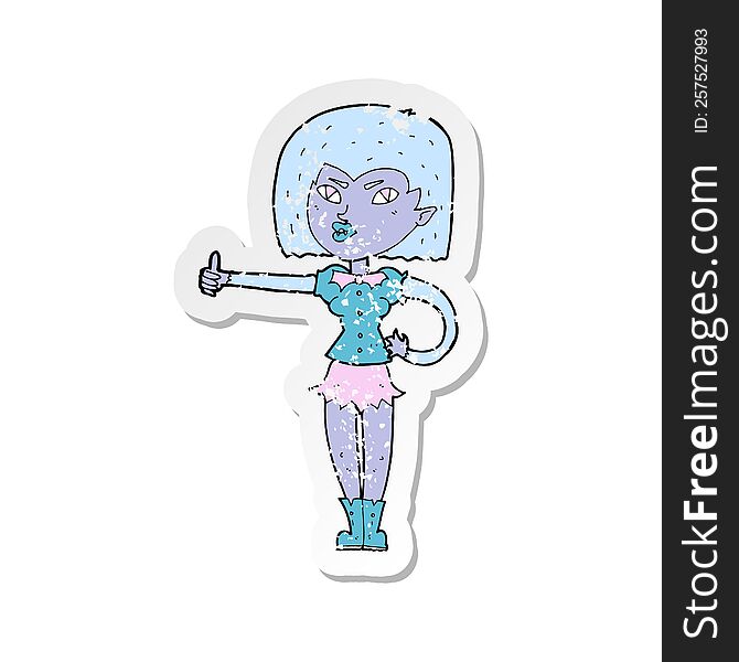 retro distressed sticker of a cartoon vampire girl giving thumbs up