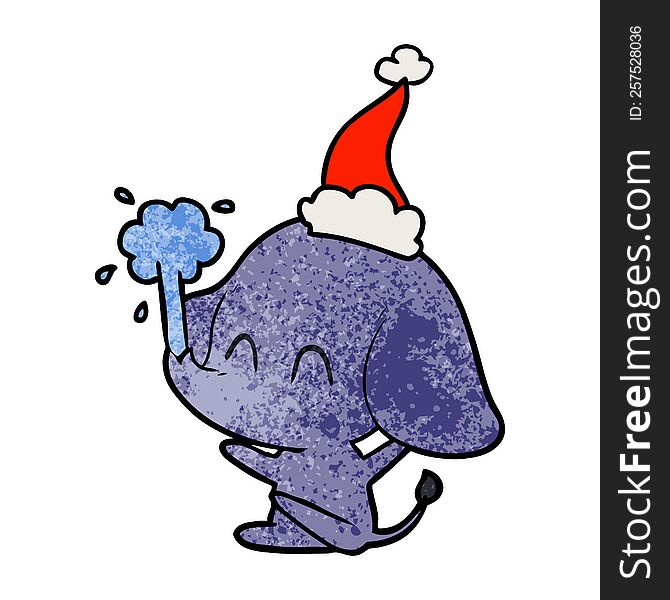 cute hand drawn textured cartoon of a elephant spouting water wearing santa hat