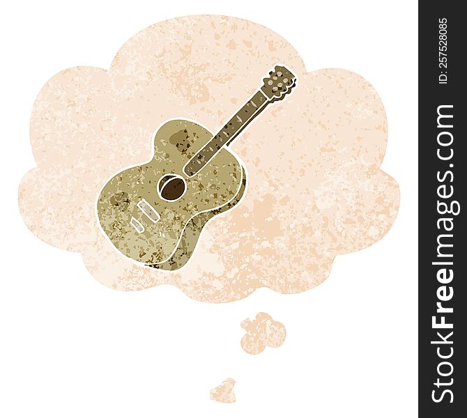 cartoon guitar with thought bubble in grunge distressed retro textured style. cartoon guitar with thought bubble in grunge distressed retro textured style