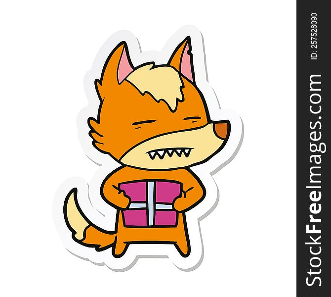 sticker of a cartoon fox with present