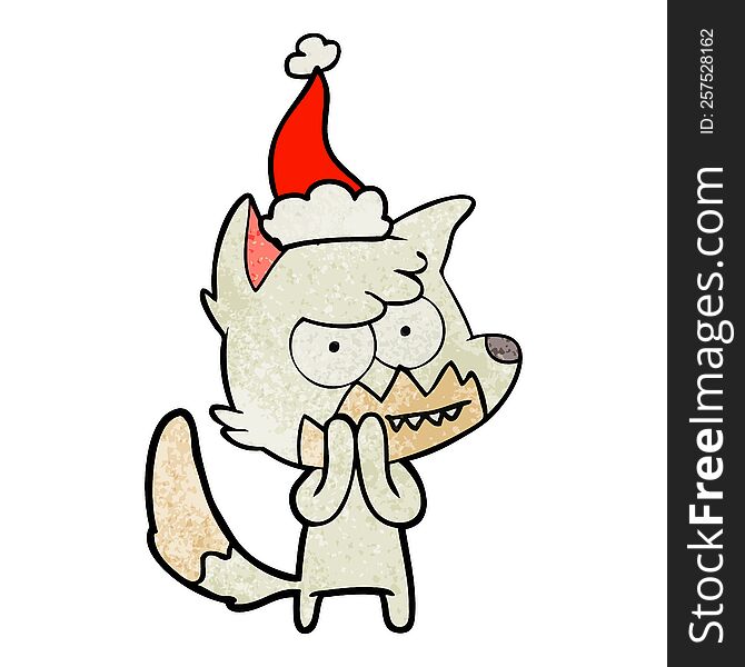 hand drawn textured cartoon of a grinning fox wearing santa hat