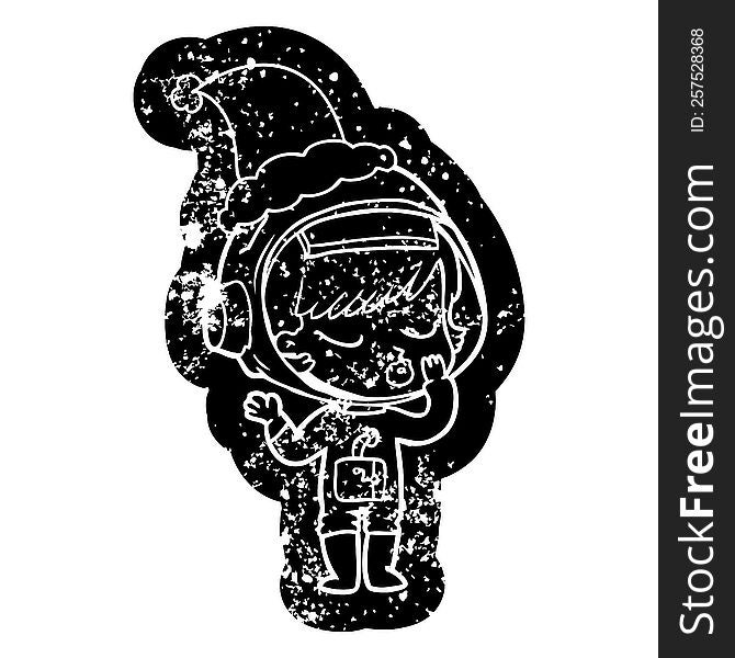 quirky cartoon distressed icon of a pretty astronaut girl wearing santa hat