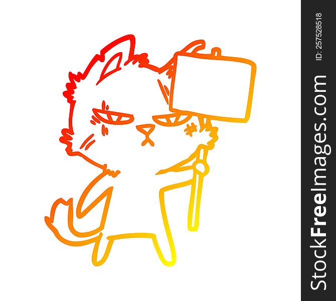 Warm Gradient Line Drawing Tough Cartoon Cat With Protest Sign