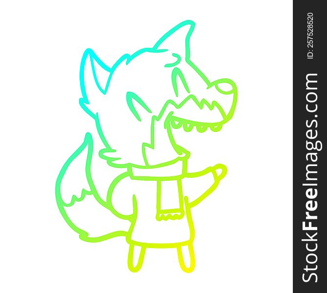 Cold Gradient Line Drawing Laughing Fox Wearing Winter Clothes