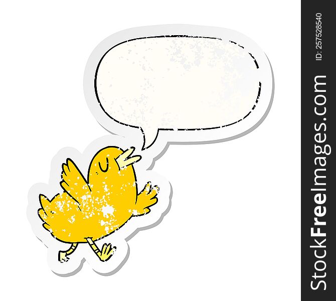 cartoon happy bird and speech bubble distressed sticker