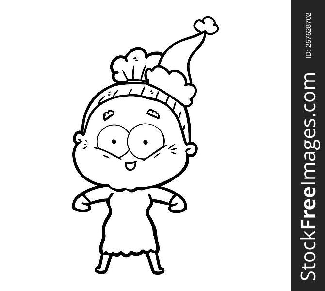 hand drawn line drawing of a happy old woman wearing santa hat