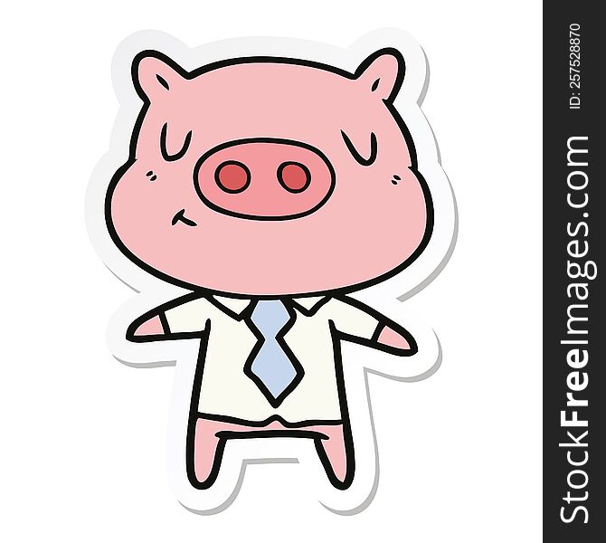 sticker of a cartoon content pig in shirt and tie