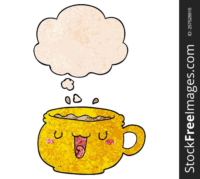 cute cartoon coffee cup with thought bubble in grunge texture style. cute cartoon coffee cup with thought bubble in grunge texture style