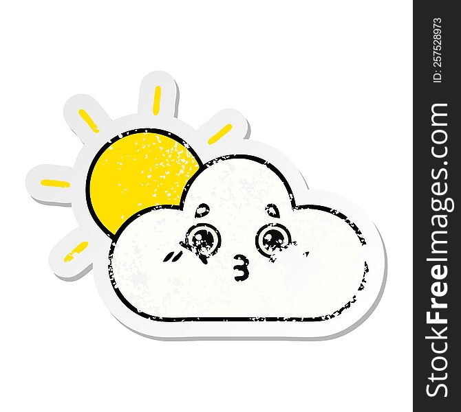 Distressed Sticker Of A Cute Cartoon Sun And Cloud