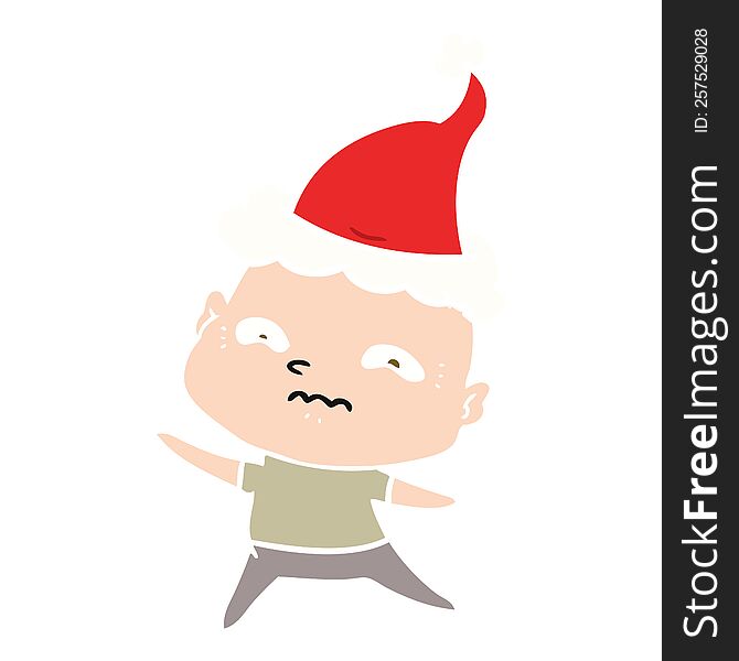 hand drawn flat color illustration of a nervous man wearing santa hat