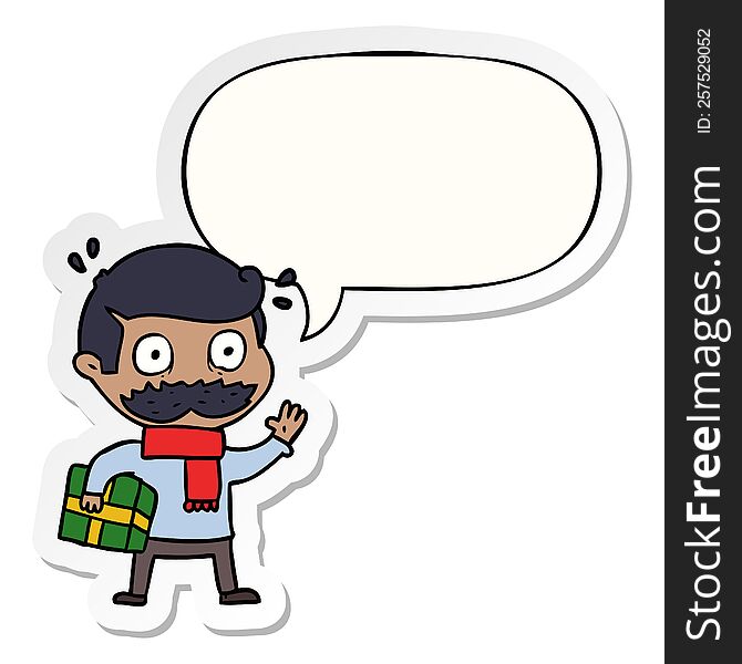 cartoon man with mustache and christmas present with speech bubble sticker. cartoon man with mustache and christmas present with speech bubble sticker