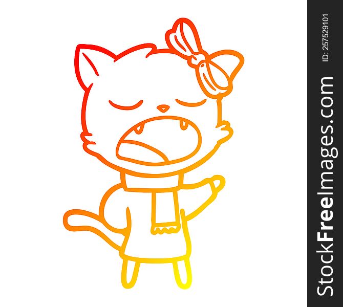 warm gradient line drawing of a cartoon cat in winter clothes