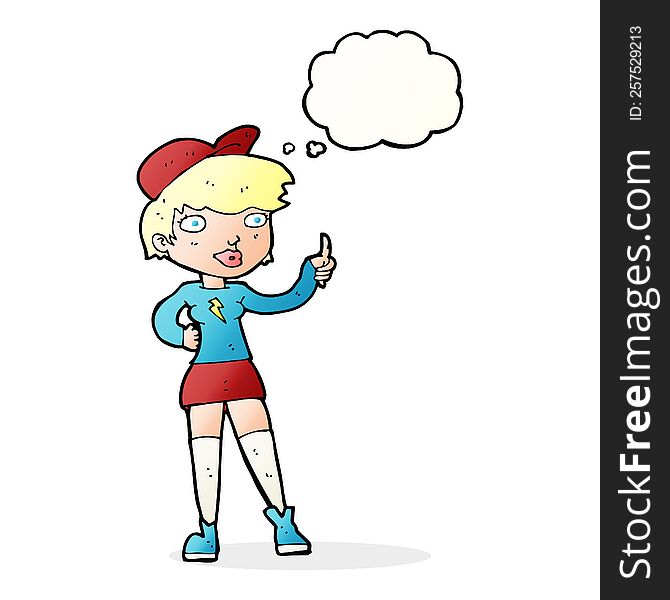 cartoon skater girl giving thumbs up symbol with thought bubble