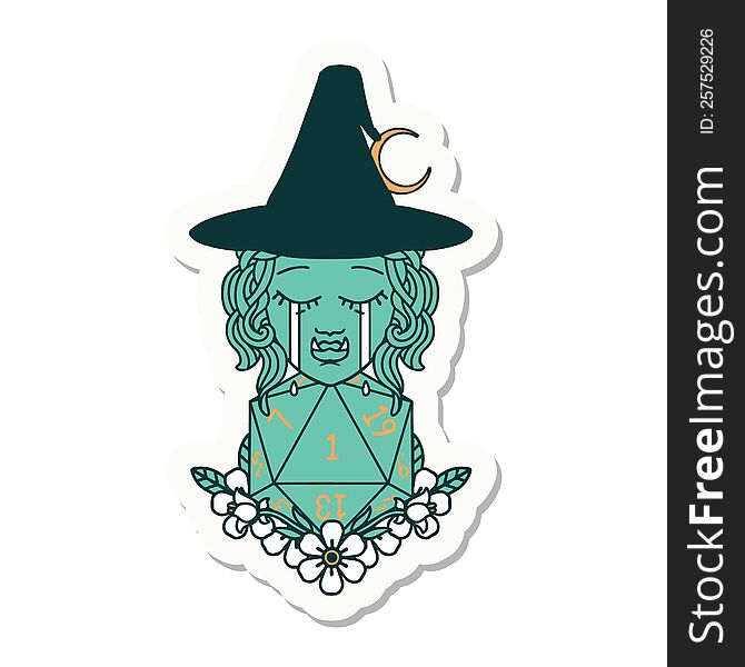 Crying Half Orc Witch With Natural One D20 Dice Roll Sticker