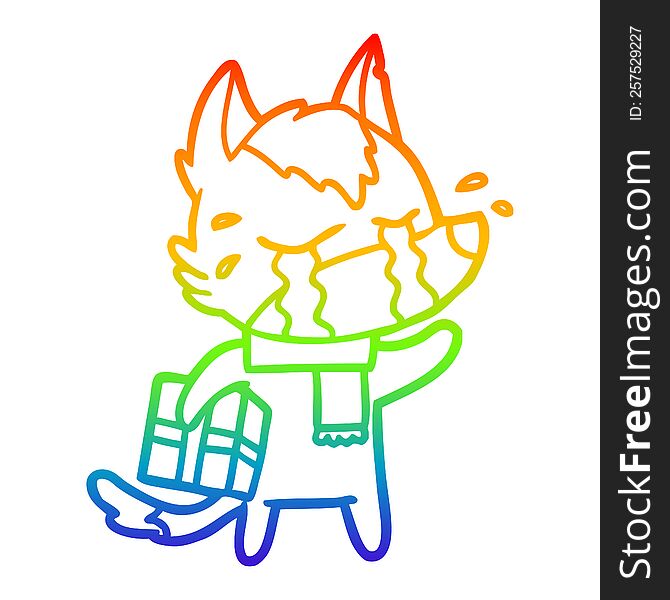 Rainbow Gradient Line Drawing Cartoon Crying Wolf With Christmas Present