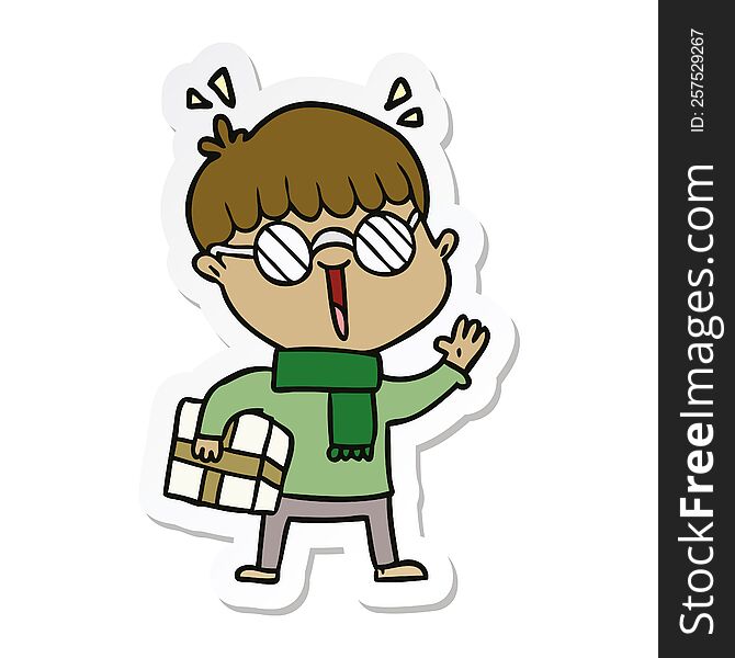 Sticker Of A Cartoon Boy With Parcel Waving