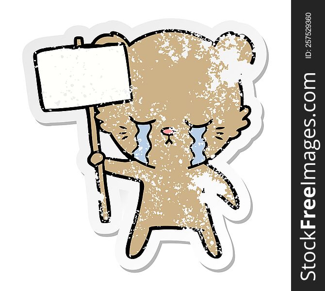 distressed sticker of a crying cartoon bear with sign post