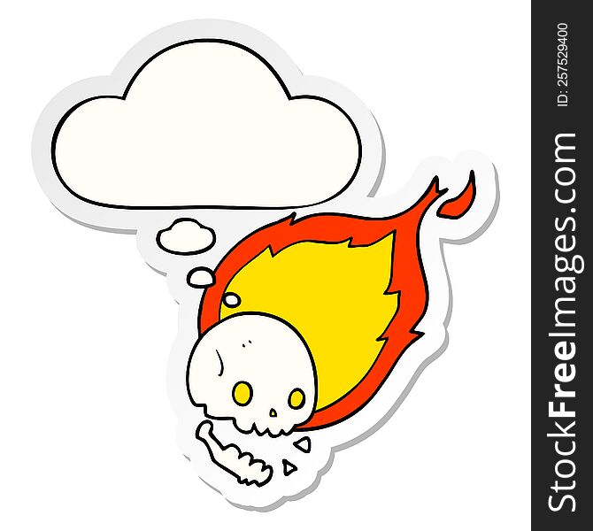 spooky cartoon flaming skull with thought bubble as a printed sticker