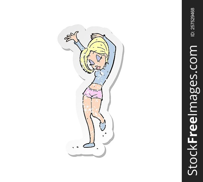 retro distressed sticker of a cartoon pretty woman dancing