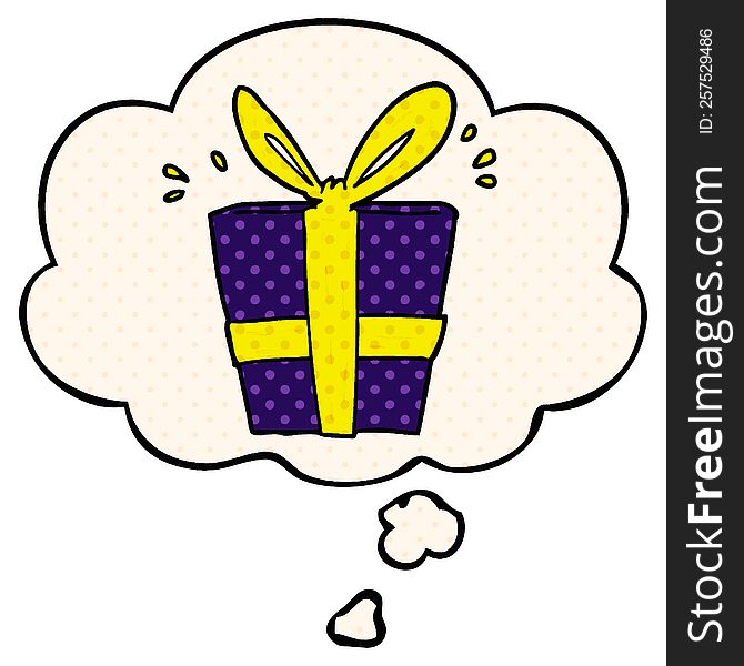 cartoon wrapped gift and thought bubble in comic book style