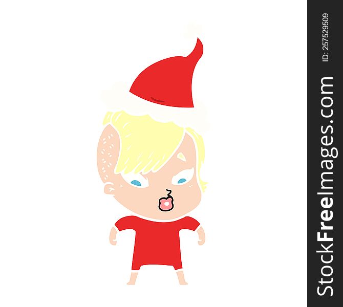 hand drawn flat color illustration of a surprised girl wearing santa hat