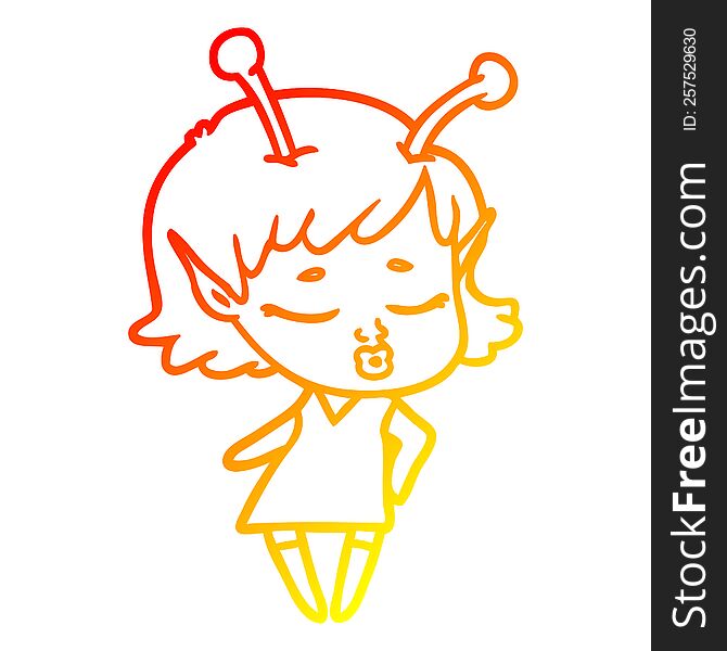 warm gradient line drawing of a cute alien girl cartoon