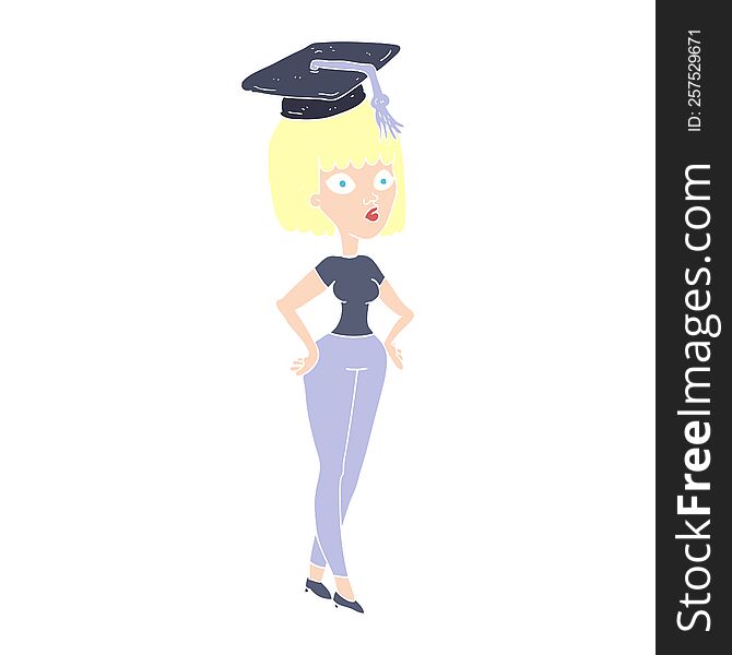 Flat Color Illustration Of A Cartoon Woman With Graduation Cap