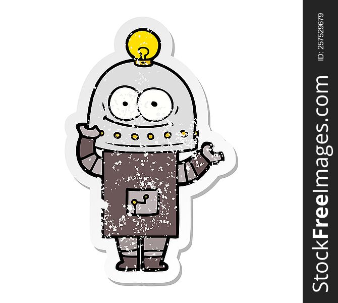 Distressed Sticker Of A Happy Carton Robot With Light Bulb