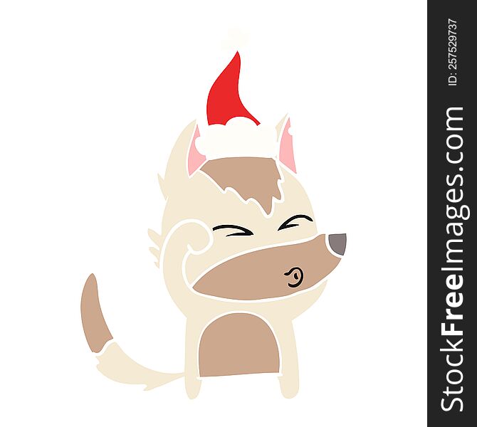 Flat Color Illustration Of A Wolf Pouting Wearing Santa Hat
