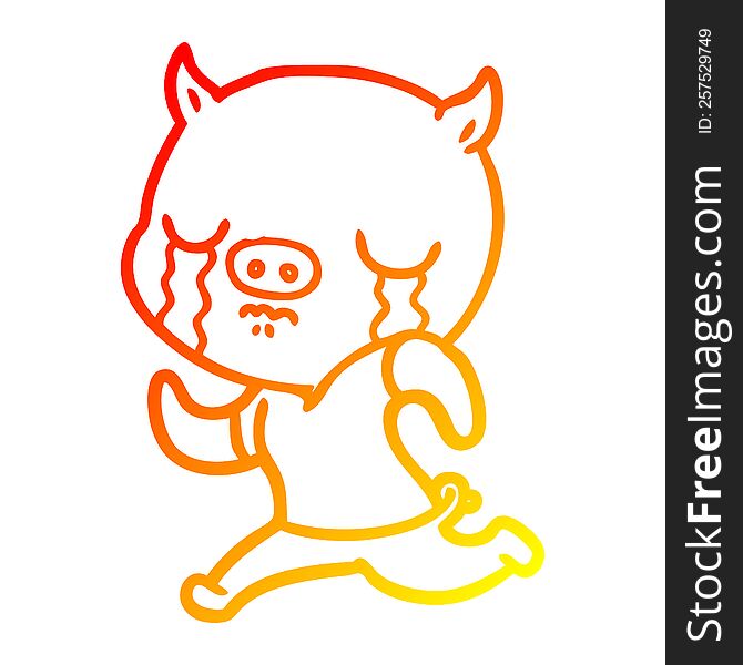 warm gradient line drawing of a cartoon pig crying running away