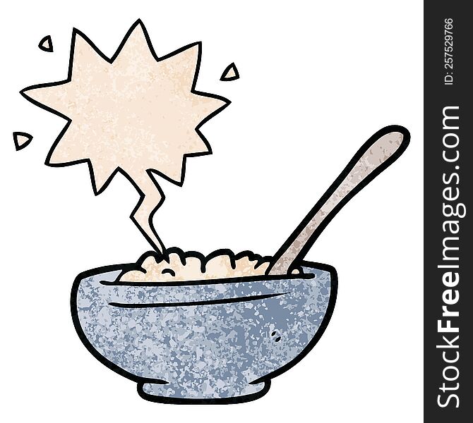 cartoon bowl of rice with speech bubble in retro texture style