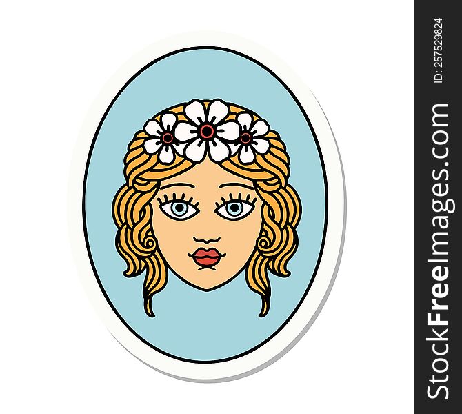 Tattoo Style Sticker Of A Maiden With Crown Of Flowers