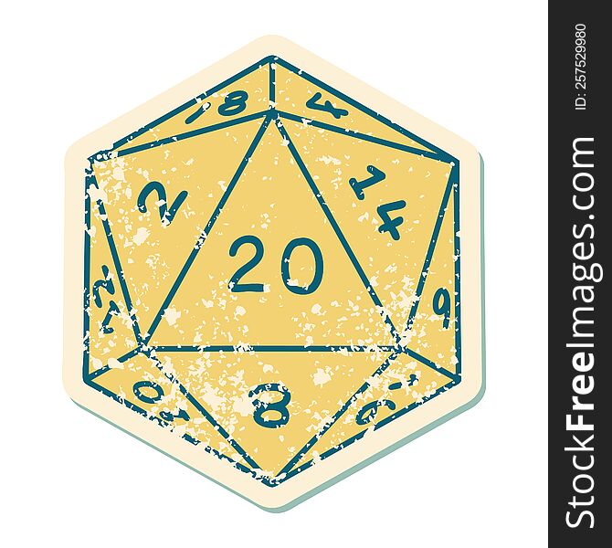 Distressed Sticker Tattoo Style Icon Of A D20 Dice