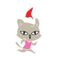 Flat Color Illustration Of A Cat Out For A Run Wearing Santa Hat Stock Photo Flat Color Illustration Of A Cat Out For A Run Wearing Santa Hat Stock Photo