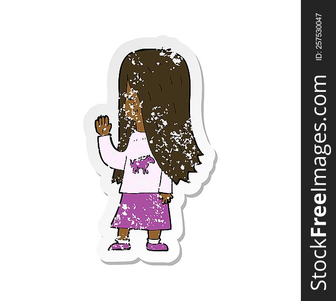 retro distressed sticker of a cartoon girl with pony shirt waving