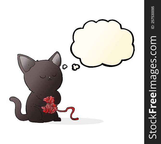 Cartoon Cute Black Cat Playing With Ball Of Yarn With Thought Bubble