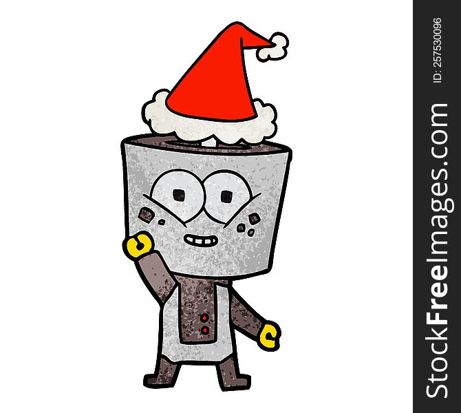 happy hand drawn textured cartoon of a robot waving hello wearing santa hat