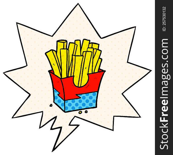 cartoon junk food fries with speech bubble in comic book style