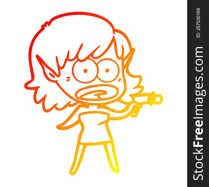 warm gradient line drawing of a cartoon shocked alien girl with ray gun