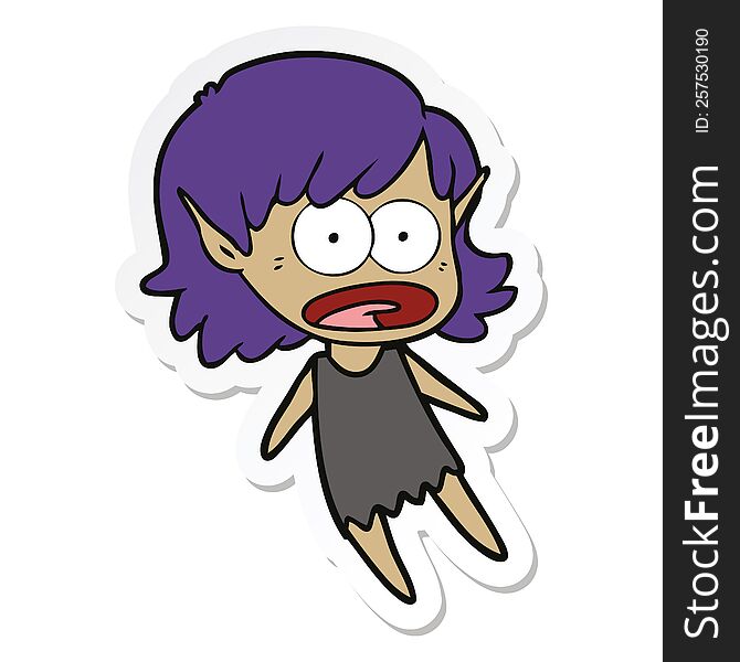 sticker of a cartoon shocked elf girl flying