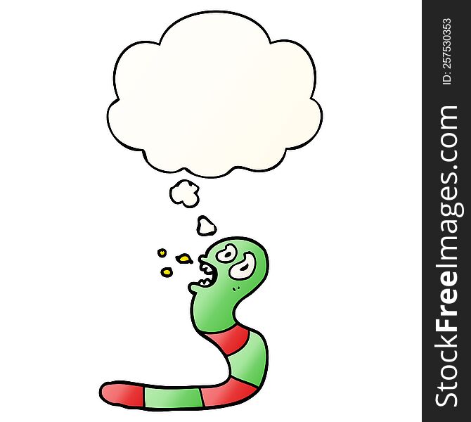 cartoon frightened worm with thought bubble in smooth gradient style