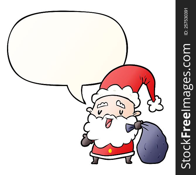 cartoon santa claus carrying sack of presents and speech bubble in smooth gradient style