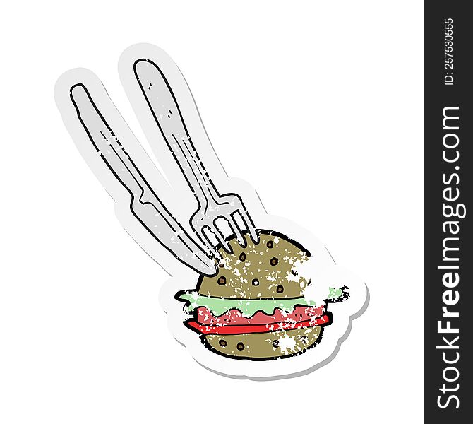 retro distressed sticker of a cartoon knife and fork in burger
