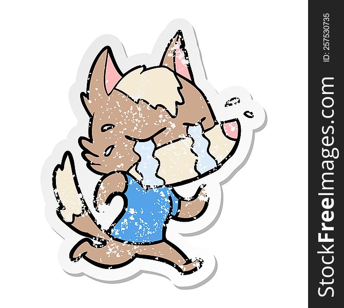 distressed sticker of a cartoon crying wolf running away